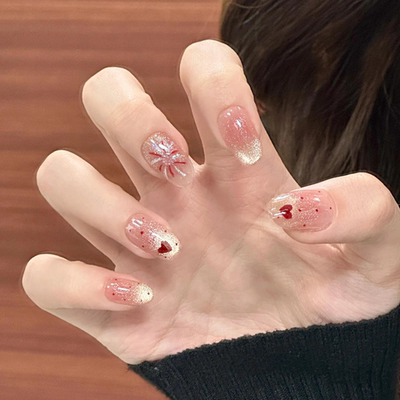 裸色腮红渐变爆闪烟花猫眼美甲穿戴甲短款秋冬可爱显白美甲贴片