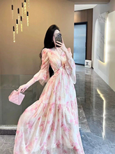 法式浪漫印花真丝连衣裙女新款2025春夏气质收腰碎花度假大摆裙子