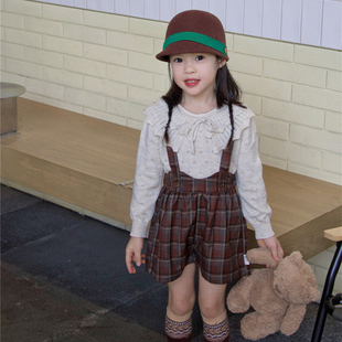 BangBang饱饱 ins风女童秋冬英伦风红棕色复古时髦格子短裤背带裤