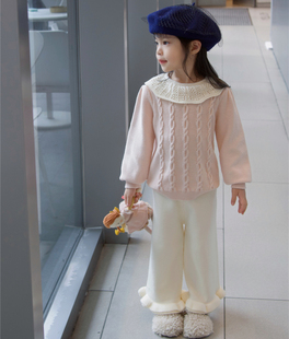 BangBang饱饱ins风女童秋冬粉色麻花毛衣镂空荷叶领针织衫+阔腿裤