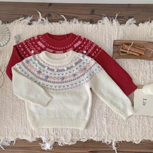 BangBang饱饱 ins风女童秋冬手工球球费尔岛针织衫提花圣诞毛衣