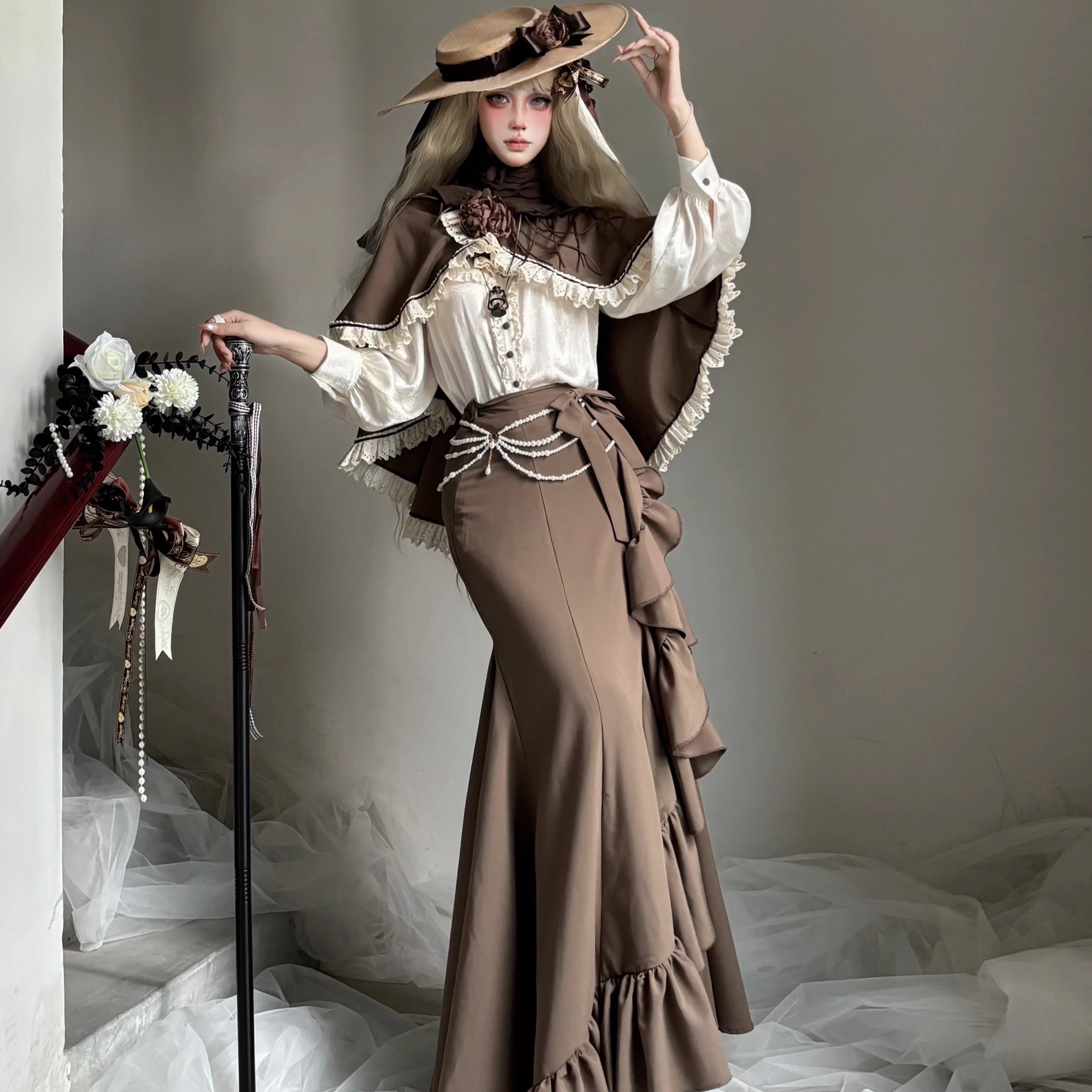 【尾款伦敦晚信暮雨手作原创设计lolita洋装cla秋衬衫鱼尾裙斗篷