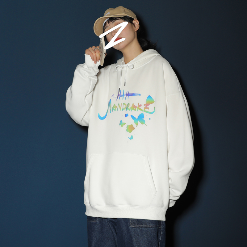 @Neutral blue wall colorful butterfly Hooded Sweater men's autumn winter reflective Pullover Hoodie