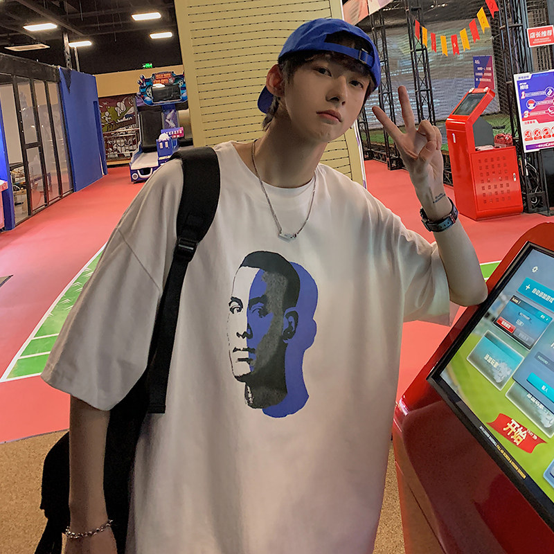 港風印花恤圓領純棉短袖五分袖夏季打底衫體恤