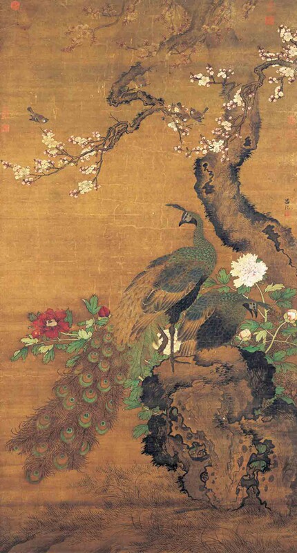 明吕纪杏花孔雀图原大挂画名画仿古字画高清复制品微喷卷轴临摹