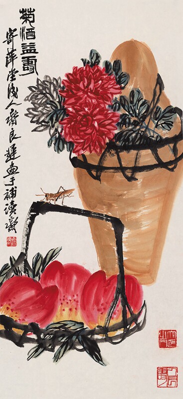 近代齐白石菊酒益寿图原大条幅装饰画仿古字画高清原作版画微喷