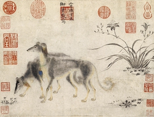 明朱瞻基双犬图高清微喷原大复制品装裱临摹画稿国画