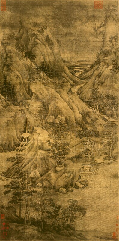 五代董源溪岸图绢本画芯临摹水墨书房仿古复制品客厅名人画心原大