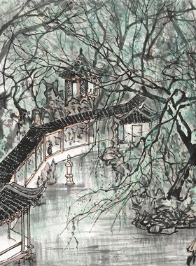 李可染苏州拙政园近代国画挂轴