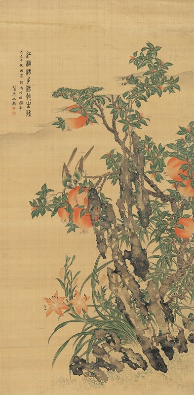 近代屈兆麟石榴图原大挂画仿古画装饰高清复制品微喷卷轴范本挂轴