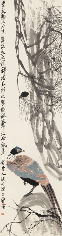 近代齐白石松雉图原大条幅茶楼装饰高清复制品微喷装裱范本立轴