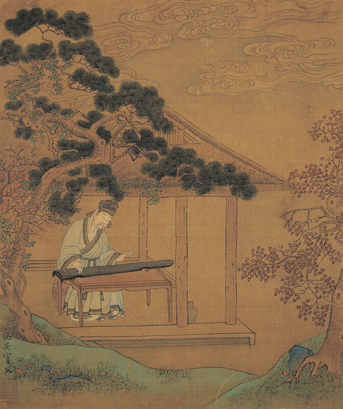 明仇英高士抚琴图原大立轴画稿装饰高清复制品微喷装裱范本挂画