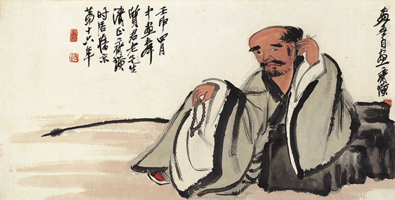 近代齐白石挖耳图原大卷轴茶楼仿古字画高清复制品微喷临摹横幅