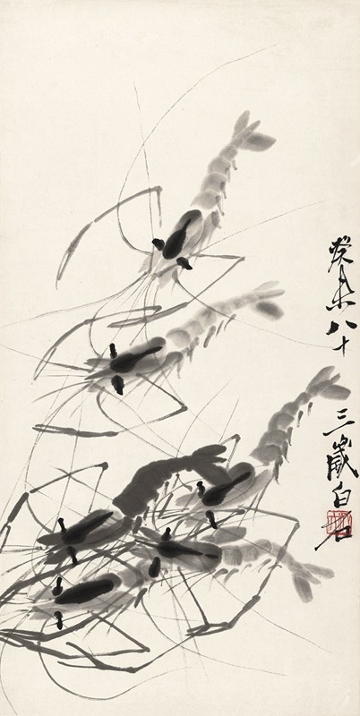 近代齐白石六只虾原大挂画画稿仿古字画高清复制品微喷装裱范本