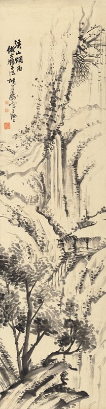 清胡公寿溪山烟雨图原大立轴名家字帖装饰高清原作版画微喷卷轴