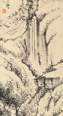 胡公寿溪山烟雨图清书法挂轴
