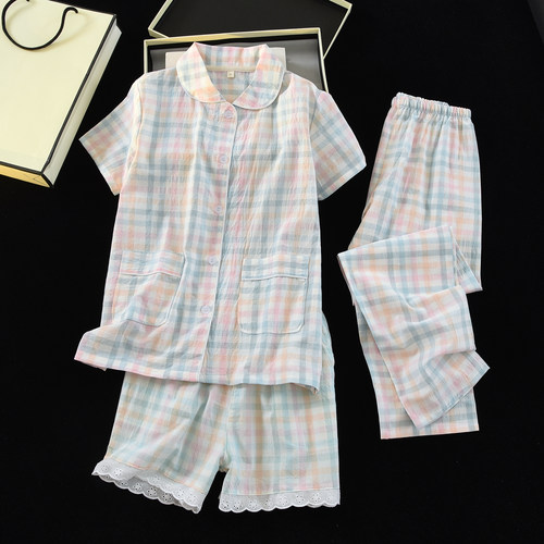 夏季三件套睡衣女短袖薄款水洗棉2025新款开衫格子100%全棉家居服