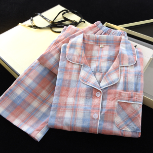 套装 薄开衫 纯棉夏季 2025新款 格子家居服 开衫 水洗棉睡衣女春秋长袖