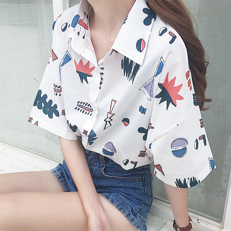 2019夏季新款韩版chic卡通印花学生上衣宽松百搭Polo领短袖衬衫女|ruв категории Женская одежда, рубашка - от Buy2taobao.com для оказания профессиональной услуги покупки агента Taobao