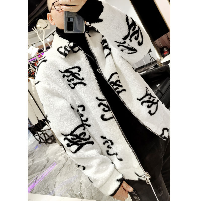creaform潮牌皇冠【断码清仓】男秋冬满印提花羊羔毛外套卷毛茄克