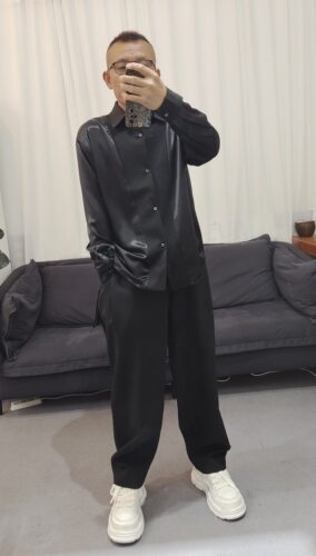 2026秋男士缎面光泽衬衫两件套 高级感黑色垂感小弯刀裤休闲套装