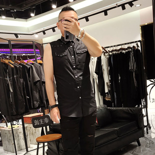 Rizzo意大利高端 无袖 摇滚风 休闲钉珠修身 衬衣男 夏季 Gicarlo