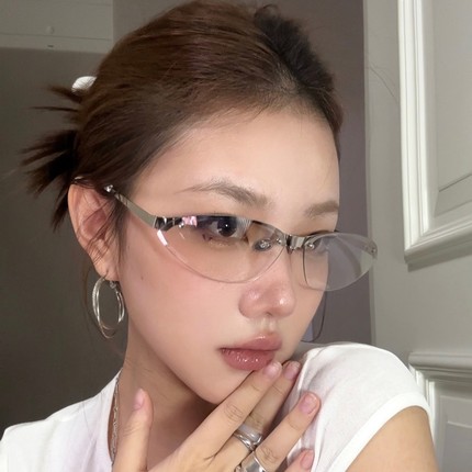 欧美y2k金属老钱风水银渐变色猫眼墨镜女方圆脸显瘦半无框太阳镜