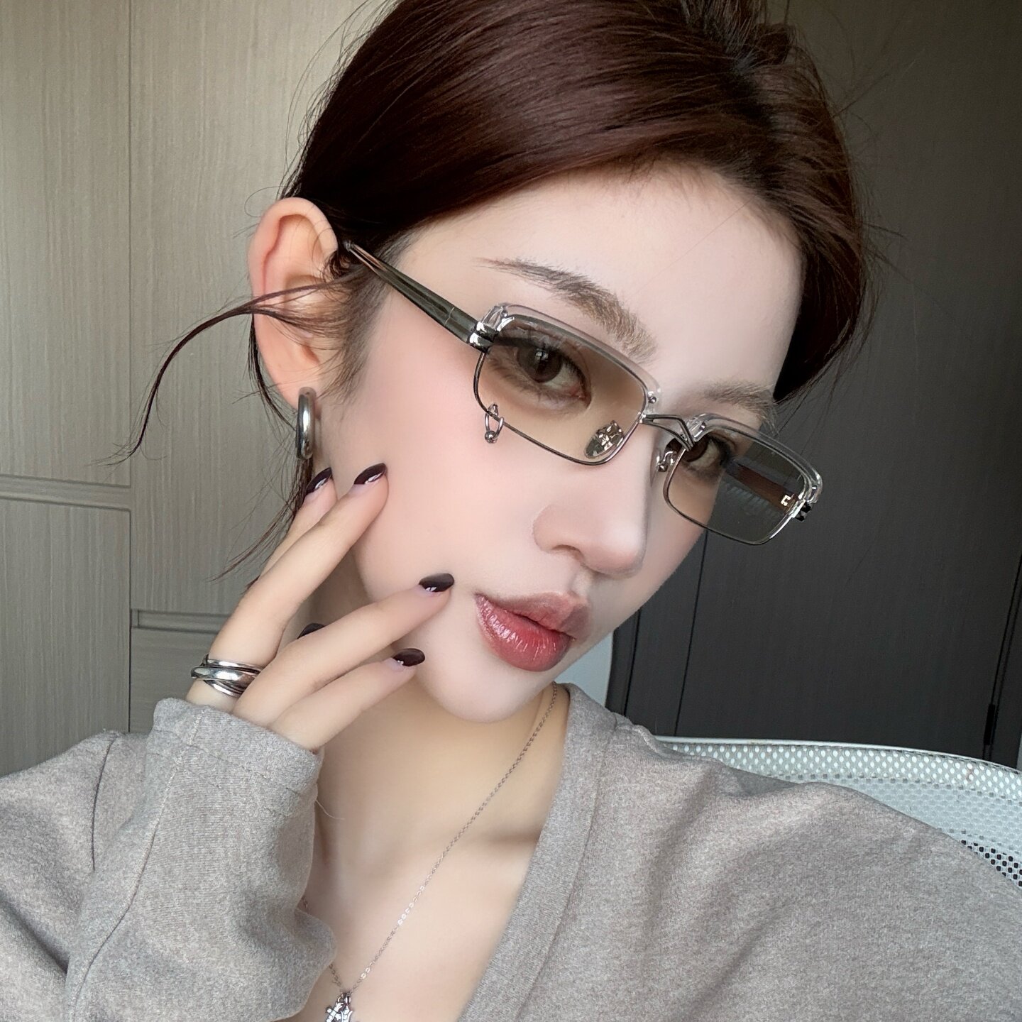 金属个性半框眉毛渐变水银色欧美辣妹风高级感太阳眼镜女显瘦墨镜