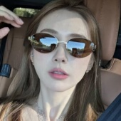 复古金属老钱风椭圆猫眼茶色墨镜女方脸显瘦高级感半框气质太阳镜