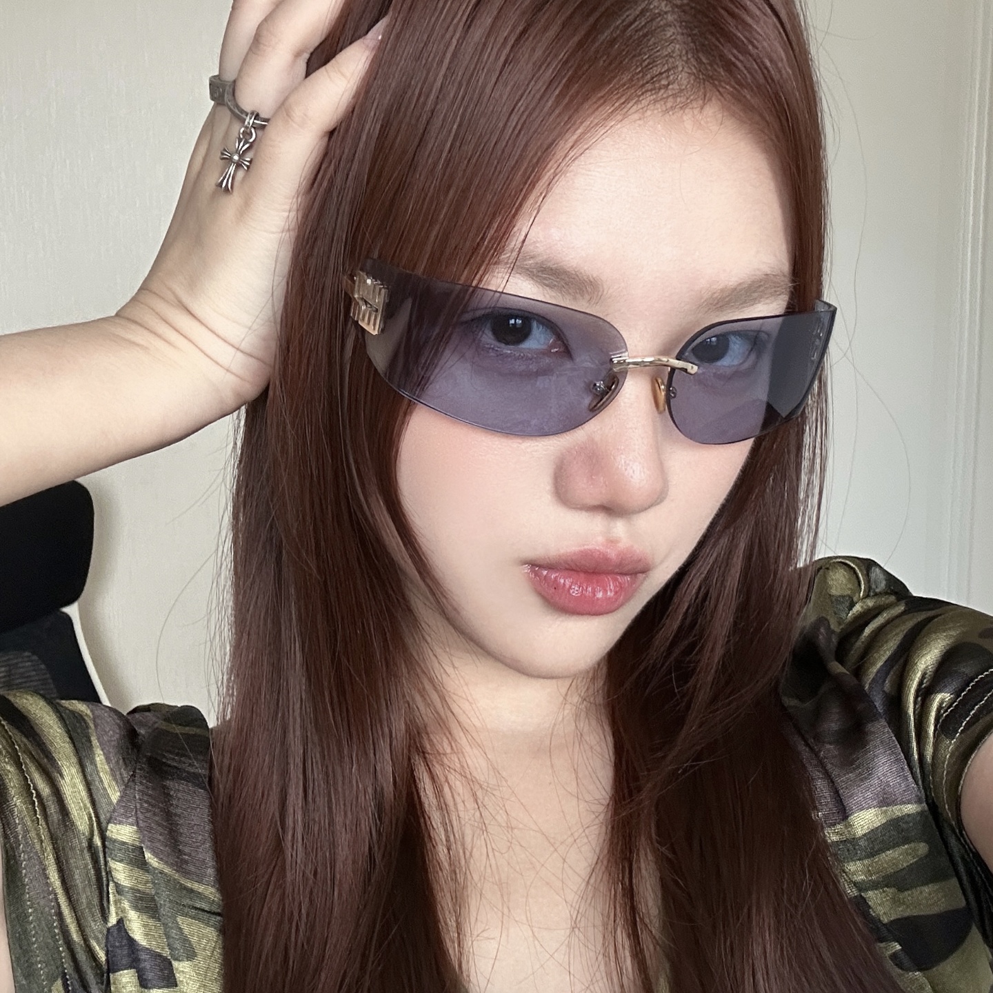 复古欧美曲面蓝色女辣妹防紫外线太阳眼镜方形y2k街拍无边框墨镜