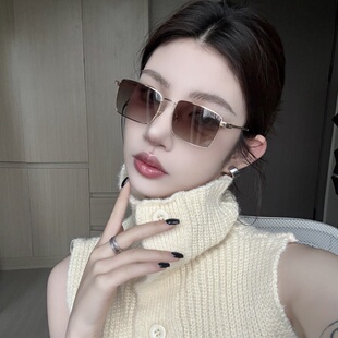 欧美金属老钱风螺纹腿方形渐变茶色太阳眼镜女潮复古墨镜高级网感