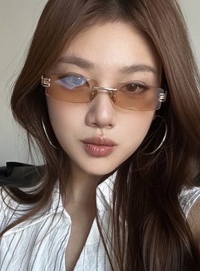 无边小框墨镜女潮方圆脸显瘦茶色