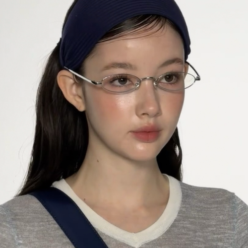 复古金属银色素颜小椭圆眼镜框女