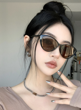 复古猫眼黑框茶色网红偏光墨镜女