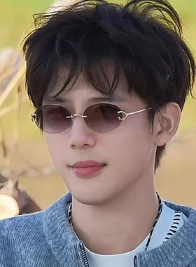 复古渐变灰无框椭圆猫眼墨镜男潮