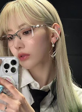 金属半框高智感银色甜酷y2k素颜辣妹平光可配近视度数猫眼复古女