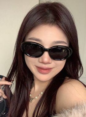 复古黑色椭圆大框太阳镜gm墨镜女