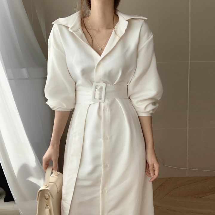 Korean chic Lapel pearl single breasted long shirt with belt dress