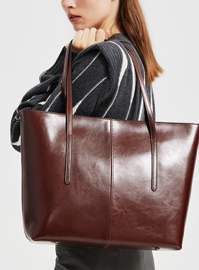 复古牛皮大包包2025新款托特包大容量女真皮百搭单肩包电脑包