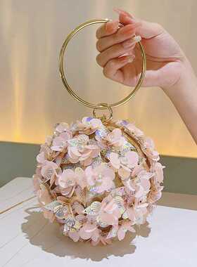 粉色立体花朵包包女晚宴礼服走秀款小圆球包高级感迷你圆环手提包