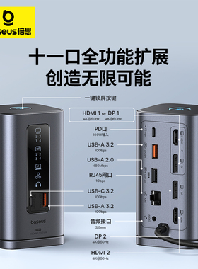 倍思扩展坞Type-C桌面立式USB-C转HDMI/DP千兆网口4K双屏同显转接头多功能HUB3.2分线器适用于笔记本电脑平板
