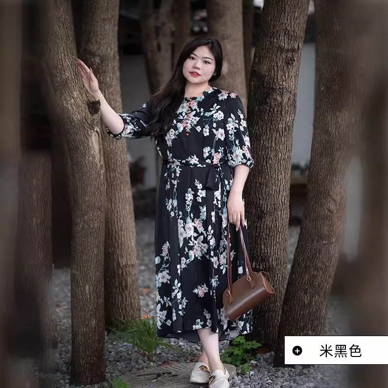 美丽客栈园庭游花连衣裙夏小立领遮肉大码女装新款浪漫印花连衣裙