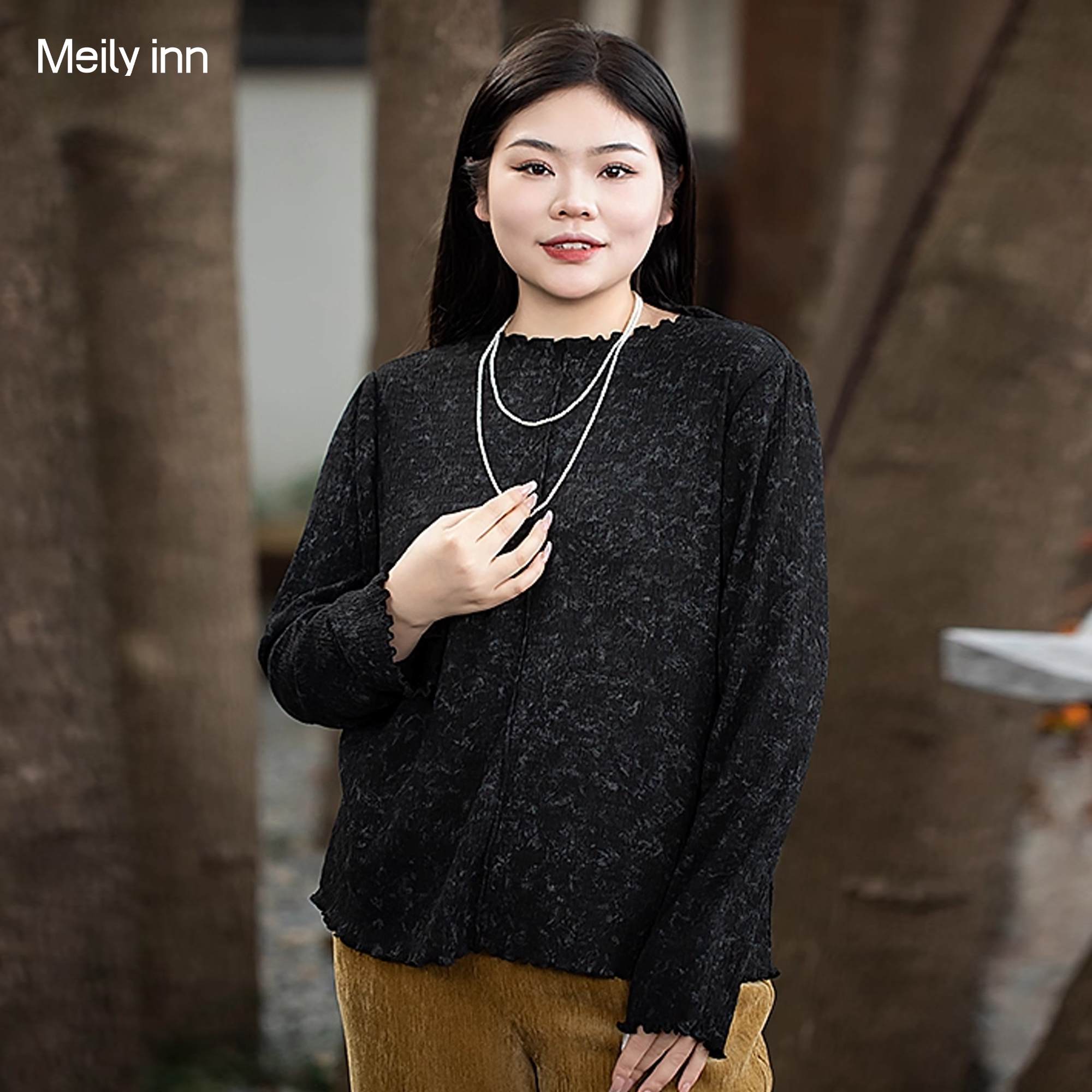 美丽客栈大码修身双色针织打底衫