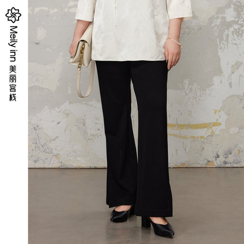 美丽客栈黑色显瘦开叉喇叭裤春秋