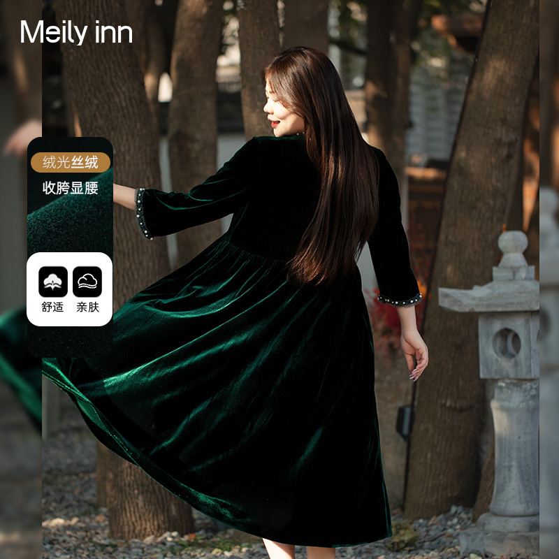 美麗客棧優雅寬松大A絲絨連衣裙