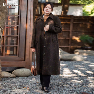 美丽客栈知识分子大衣胖mm大码 翻领老钱风人字纹复古大衣女 冬新款