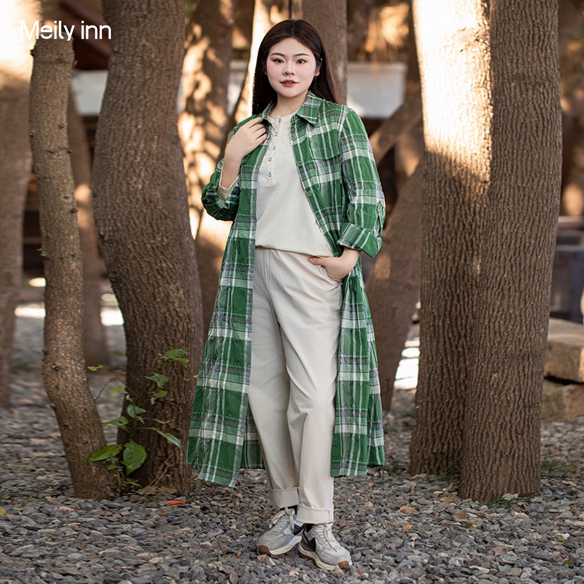 美丽客栈休闲宽松格纹开襟衬衫女