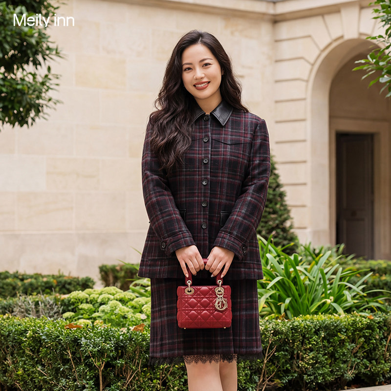 美丽客栈高端大码女装英伦风外套女胖mm200斤显瘦半身裙格纹套装