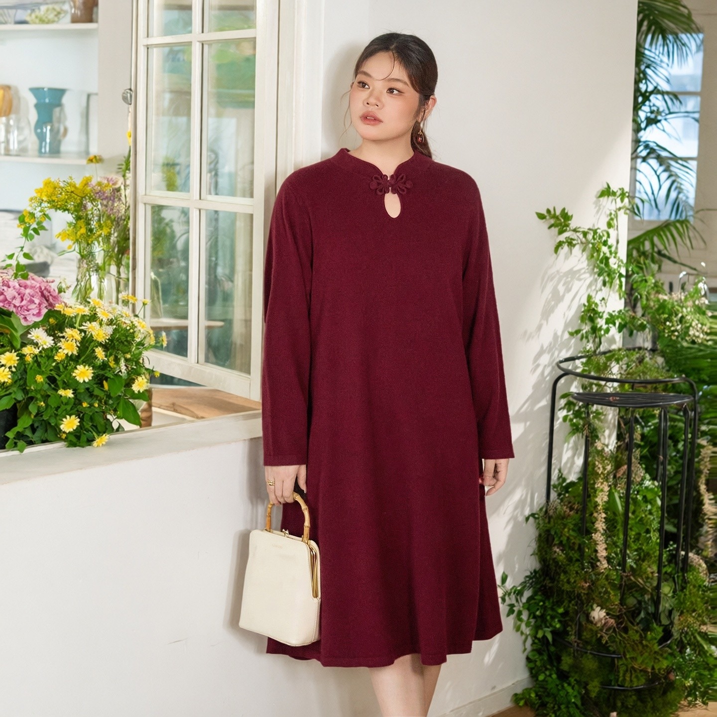【100%绵羊毛】美丽客栈大码女装酒红色新中式盘扣显瘦针织连衣裙,女装/女士精品,大码连衣裙,淘宝优惠券,粉丝福利购,淘宝优惠卷