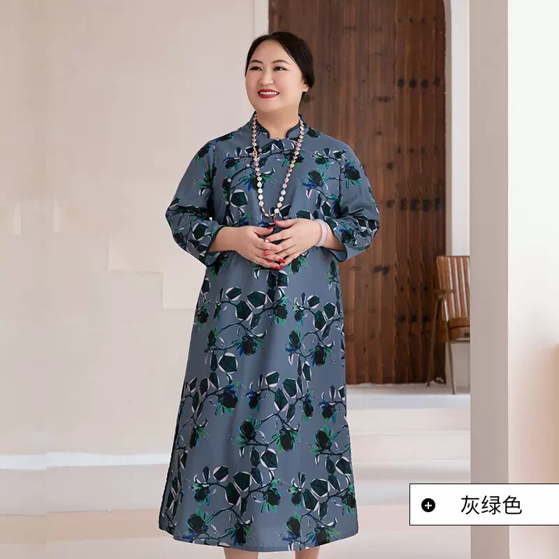 大码印花旗袍款连衣裙